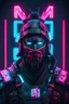 Placeholder: Cyberpunk samurai wearing a face mask with the letter "m" above his head neon light.