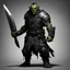 Placeholder: Half-Orc with ebony blade Wearing Assist Suit which is dark grey and black for tactical strikes, background shadows