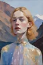 Placeholder: Euan Uglow oil impasto painting Close-up photo, Otherworldly, blonde ginger HD face Actress knight fashion, jelly Gaudi Iris Van Harpen translucent haute couture gold mauve blue ivory pearlescent knitted medium-transparent silk sparlkles stole gown costume, Austrian Symbolism, arcane atmosphere, at dawn behind mountains River Mountain