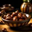 Placeholder: Luxurious, shiny dates in an earthenware dish