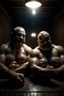 Placeholder: full body shot photography, two muscular chubby ugly burly marocan men , sweat, bulge, masculine hairy 54 year old man, bald, currly beard ,big shoulders, big arms, big legs, bulge,, ambient occlusion , lying down sleeping in a steamy Sauna, super high resolution, 8k, dim light, side light, ultra hyper realistic, frontal view