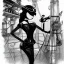 Placeholder: great illustrator, spanish, pencil sketch of a cute girl, beautiful, steampunk syle, black and white. Helmet with tubes. glasses, venetian dress. Machinery in the background. robotic birds flying. High details.