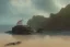 Placeholder: Small shipwreck at a Craggy cliffside overlooking a sandy beachside, fantasy, mystical