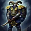 Placeholder: a Big-horn Ram warrior in navy blue and yellow battle armor, a highly detailed illustration, background of Inka jungle, American football in hand, realistic render, 8 k, micro detail, intricate, elegant, centered, digital painting, Artstation, smooth, sharp focus, illustration, artgerm, tomasz alen kopera, peter mohrbacher, donato giancola, joseph christian leyendecker, wlop, boris vallejo