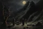 Placeholder: night, people, rocks, dry trees, mountains, mistery, dark philosophic influence, gothic movies influence, fantasy, auguste oleffe and sidney starr painter impressionism paintings