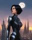 Placeholder: A slim Woman With Black Hair, Wearing an android-looking suit, standing sideways On a ledge of a building, with a waning moon Behind Her Head, towering spires and buildings highlighted by the setting sun