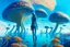 Placeholder: woman in a tight suit, on the shores of an alien world, with mushrooms, with jellyfish tentacles floating in the air, photorealistic, Detailed Matte Painting, Deep Colour, Fantastical, Intricate Detail, sunshine, blue sky