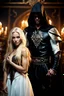 Placeholder: image of a handsome and muscular warrior wearing a black hooded cape with silver symbols. holding a beautiful delicate sweet young woman wearing an oversized white shirt with long blonde hair, close up shot, romantic, fine details, high resolution, 4k, photorealistic. Expensive antique furniture in the background