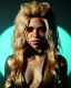 Placeholder: portrait, Shakira, blonde artist, angry, Realistic image, MMA robe, hoodie, mma gloves, loose long hair, eyes, makeup, gold line make up, moisture, sweat, fog, goddess, Neon colors, leds. Black background, photo studio, concept art, smooth, unreal engine 5, god lights, ray tracing, RTX, lumen lighting, ultra detail, volumetric lighting, 3d, finely drawn, high definition, 4k.