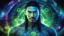 Placeholder: beautiful gorgeous young man na'vi with long hair, Avatar, blue skin, two small ears, green eyes, black hair, in cosmic suit, galactic ambiance, medium pointy goatee , smiling, nebulas and sacred geometry light figures on the backgroud,