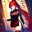 Placeholder: girl, masterpiece, best quality, volumetric lighting, detailed outfit, perfect eyes, red hair, red eyes, long hair, thigh highs, ponytail, chinese clothes, nervous smile,