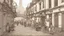 Placeholder: industrial steampunk street with cobbled pavement, people, trees