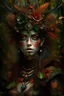 Placeholder: beautiful Forest fairy lady portrait, adorned with textured goth decadent autumn orange and green leaves and botanical floral voidcore shamanism floral ribbed and red berry ribbed armour in the embossed woods background , wearing forest floral and leaves fairy farl goth shamanism fairy mineral stone headdress, organic bio spinal ribbed decadent angel fairy shaman embossed floral backgreong extremely detailed hyperrealistic concept art