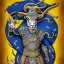 Placeholder: Book of Kells carpet page in blue and yellow colors, picture of a bighorn ram in armor and holding a football, a highly detailed illustration, realistic render, 8 k, micro detail, intricate, elegant, centered, digital painting, Artstation, smooth, sharp focus, illustration, artgerm