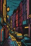 Placeholder: a lino cut drawing of a city street , colorful , heavy strokes , masterpiece , art station