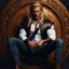 Placeholder: Very handsome warrior king, muscular, long blonde hair, male age 30, wearing jeans and a white button-up shirt, tan skin, tattoos, photorealistic 4k dark fantasy