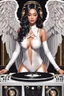 Placeholder: Photo front view half body excellent realistic portrait Beautiful Angel straddle wings ,she on playing music turntable ,wearing latex body suit ,at club disco party