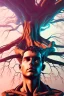 Placeholder: Cyberpunk theme, portrait of Oak tree roots holding man inside, misty sunny day, close-up portrait, symbiosis