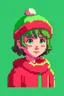 Placeholder: Pixel Art style, Child girl, short brown hair, has red eyes, He has pink dots on his cheeks, wears a green shirt horizontally striped with yellow, He's in a snow-covered place, he's wearing a standard red Christmas hat,