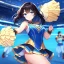 Placeholder: Clear Focus, High resolution, girl wearing a cheerleader outfit, blue eyes, medium hair length, black hair with a gradient of cyan