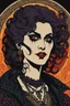 Placeholder: museum quality color woodcut of a dystopian goth punk female vagabond vampire with highly detailed hair and facial features , in the style of Gustave Baumann, with a fine art aesthetic, highly detailed, finely cut ,8k render,