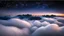 Placeholder: looking down from space at the mist and clouds, surrounded by the mist at night starry sky. majority of the image is space