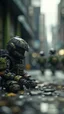 Placeholder: aiming on one knee, mask, sci-fi visor, bald head, armed figure, weapon in hand, aiming, plate armor, insulated armor, spacesuit, lots of small details, sci-fi movie style, on a ruined city street, overcast, photography, bokeh like f/0.8, tilt-shift lens 8k, high detail, smooth render, down-light, unreal engine