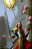 Placeholder: A large silver and Gold holy spear weapon covered in rose's and thorns, realistic, fantasy,