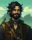 Placeholder: fantasy demon tiefling horned, small ram horns, pale skin, gray skin, rogue scoundrel happy go lucky, cheeky smirk, winking, gunslinger pirate pistol, pirate gear, yellow shining cat eyes, black neck length hair, short black beard, green jacket, leather ammo belt, braided goatee