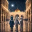 Placeholder: Hyper Realistic Children in Al-Aqsa Mosque with garland lights decorations at Rainy Night