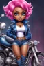 Placeholder: create an airbrush illustration of a chibi cartoon voluptuous black female wearing a blue jean outfit with biker boots. Prominent make up with hazel eyes. Extremely highly detail of a very low pink pixie haircut. Background of a bike show.