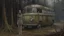 Placeholder: A hauntingly beautiful oil painting depicting a woman standing in front of a bus in the forest, in a post apocalyptic environment, wearing a tattered dress, with a dilapidated appearance