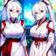 Placeholder: Clear focus, 8k, beautiful lighting, vibrant colors, girl, white hair, long hair, vibrant red eyes, ponytail, same twins, white hair, red eyes, same clothes, miko, hair in between the eyes,