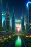 Placeholder: Create a vibrant and bustling metropolis of the future, where advanced technology meets architectural wonders. The city should exude a sense of energy, progress, and innovation. Incorporate towering skyscrapers with sleek designs, illuminated with neon lights and holographic displays. Populate the cityscape with flying vehicles, bustling crowds, and hints of greenery seamlessly integrated into the urban environment. Let the colors be bold and vibrant, 1400x240 pixels