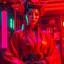 Placeholder: A beautiful cyberpunk samurai in a futuristic red 8K kimono