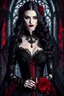 Placeholder: A captivating, high-resolution image of a stunningly elegant vampire woman exuding both beauty and danger. Dressed in exquisite black gothic clothing adorned with intricate details and black lace, on her dress red blood stains adding a dramatic effect. Her pale skin contrasts sharply with her dark attire, and her long, dark hair cascades down her shoulders. Holding a glass of red wine, she radiates an air of mystery. The background is dark and enigmatic, with soft, realistic lighting casting sha