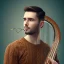 Placeholder: man playing harp, brown hair, sweater, music