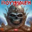 Placeholder: heavy metal album cover for "IRON MAIDEN" band titled "CHURCH OF MADNESS", featuring Iron Maiden mascot "Eddie", "eddie" in priest outfit, Derek Riggs artist, Iron Maiden font for text