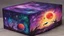 Placeholder: a box 10 cm long by 5 cm wide and 25 cm high, drawn on a box on all sides, space, tress, planets, crow galaxies a lot of colours purple, green and red, portal in the sun, realistic