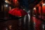 Placeholder: under a red umbrella, it's raining hard, it's night, lights from shops and a nearby hotel, cobblestone floor, city square, 16K, realistic photography