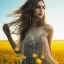 Placeholder: Woman, barefoot, flower field, dancing, windy, plain dress, beautiful face, long brown hair