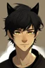 Placeholder: At young male with messy black hair, gold eyes, large black cat ears, slight smile, tan skin