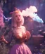 Placeholder: Ultra realistic wonderland photo, happy blonde woman smoking a shisha, blue dress, purple-cat friend, circus dress style, old school tattoo, smoke, marijuana garden, glow eyes, perfect iris, soft color, highly detailed, unreal engine 5, cinematic, ultra detail, volumetric lighting, high definition.