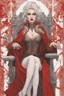 Placeholder: Beautiful white haired Vampire queen on her throne, drawing. Wearing a red cloak with a fur collar. Portrait, waist up