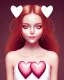 Placeholder: girl, happy, closed mouth smile, surrounded by hearts, brown hair, long hair, brown eyes, close up portrait, pink top