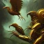 Placeholder: a digital art ibis in metallic gold and orange and green battle armor, in a hurricane, a highly detailed illustration, background of Celtic jungle, realistic render, 8 k, micro detail, intricate, elegant, centered, digital painting, Artstation, smooth, sharp focus, illustration, artgerm, tomasz alen kopera, peter mohrbacher, donato giancola, joseph christian leyendecker, wlop, boris vallejo