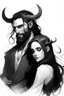 Placeholder: Sketch, Beard, dark hair, demon prince, horns, handsome, mysterious, gentle, embracing a beautiful woman with long dark hair