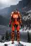 Placeholder: full body portrait of a beautiful girl, wearing glowing orange armor, futuristic armor, natural posture, nice smile, snowy mountain background, snow, fur cloak, full body, short armor