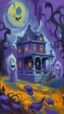 Placeholder: A purple haunted mansion with ghosts and Jack-o-lanterns painted by Claude Monet