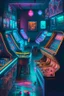 Placeholder: Beautiful pinball machines in a dark room with UV neon lights on the walls. Soft carpets on the floor, drinks in bottles and glasses on small tables